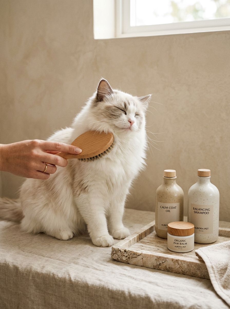 Cat being gently groomed with beechwood brush beside organic wellness bottles