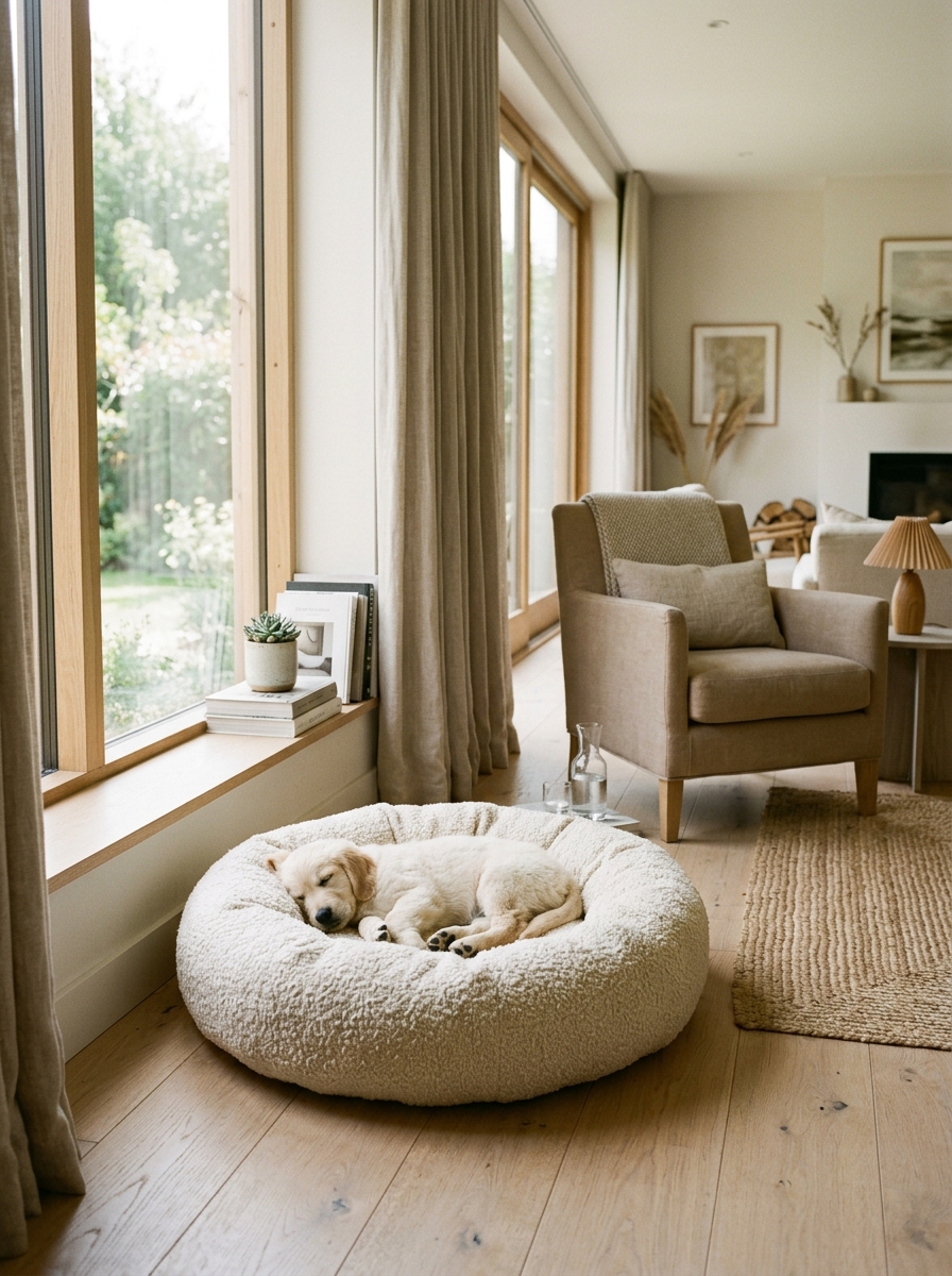 Puppy sleeping peacefully in textured cream bouclé dog bed by sunlit window