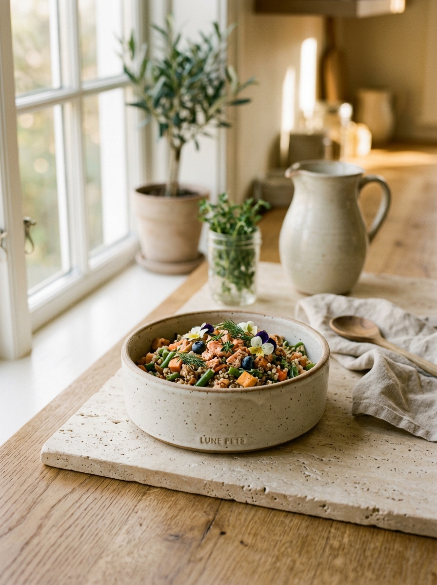 Handcrafted ceramic bowl with nutritious organic pet food and fresh ingredients