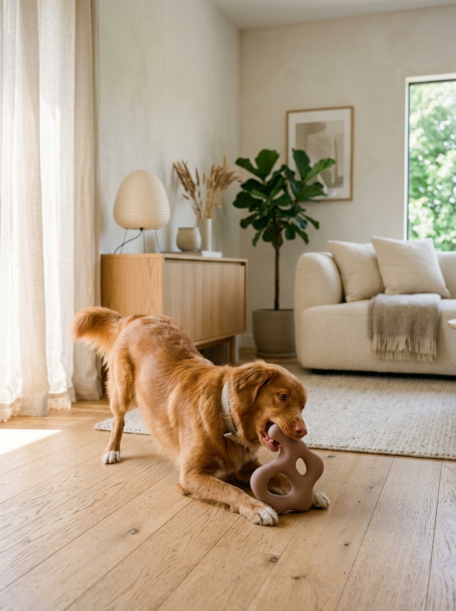 Dog playing indoors with minimalist muted silicone enrichment toy